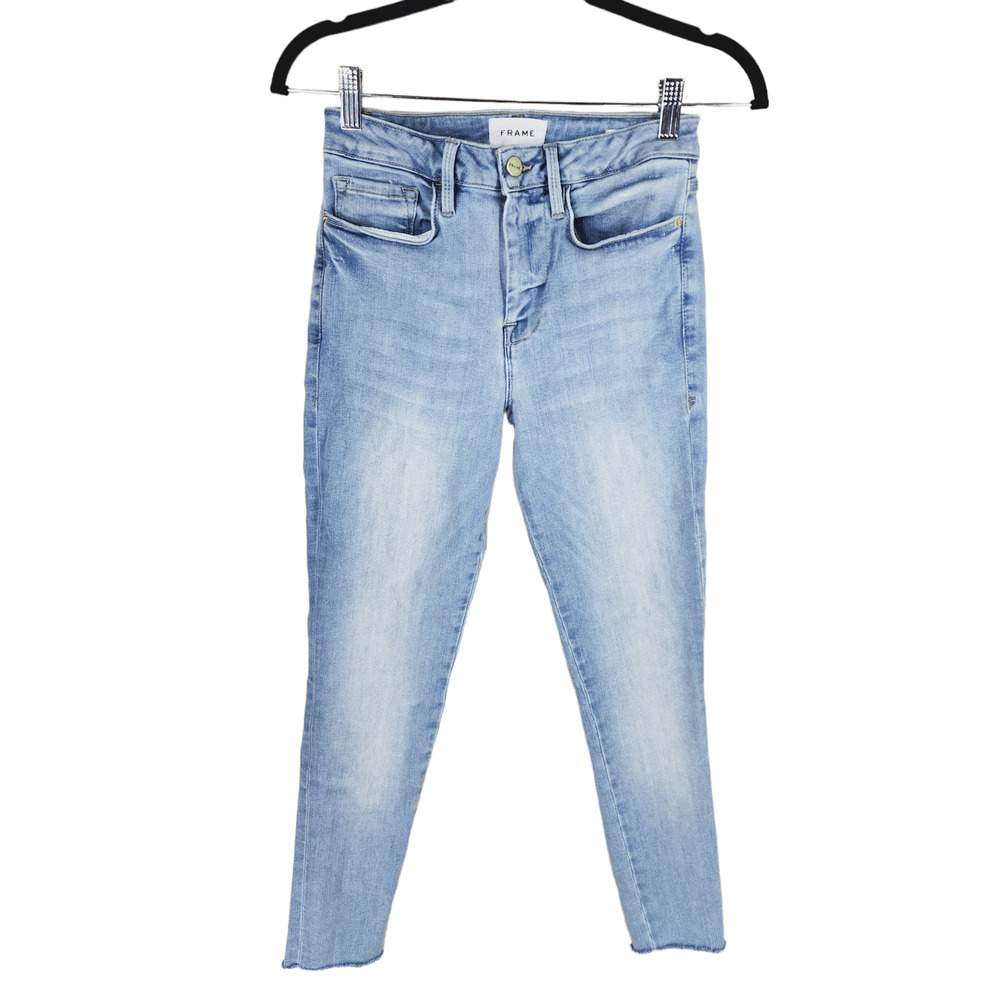 Frame Le One Skinny 26 / 1 Women Light Blue Faded Raw Hem Whiskering Stretch